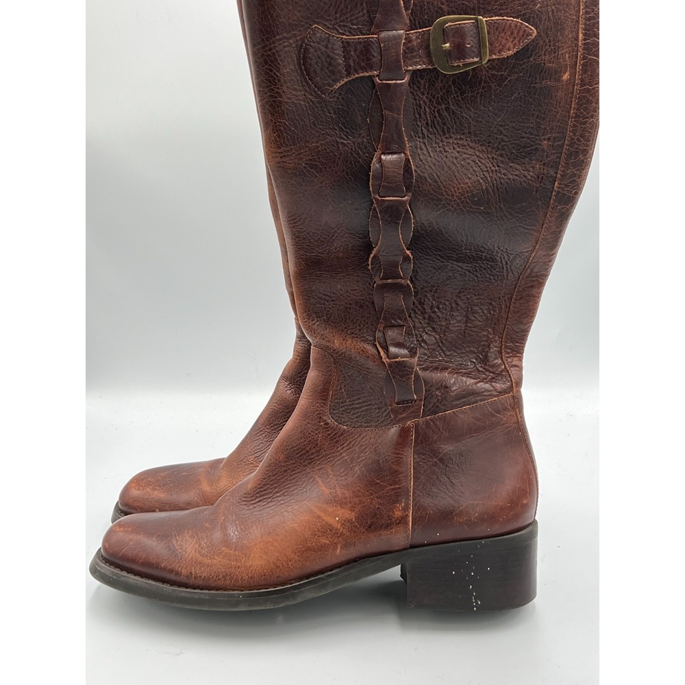 Nicole Womens Brown Riding Boots Leather Campus Braided Buckle Mid Calf 11M